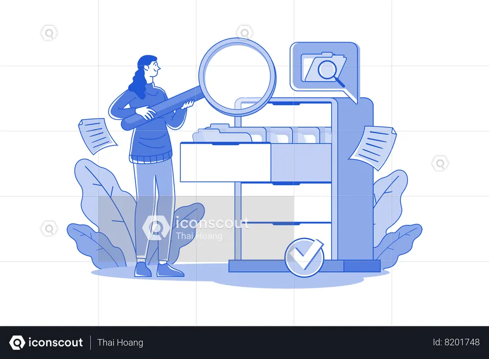 Female Manager Holding A Magnifying Glass And Looking For Documents In The Cabinet  Illustration