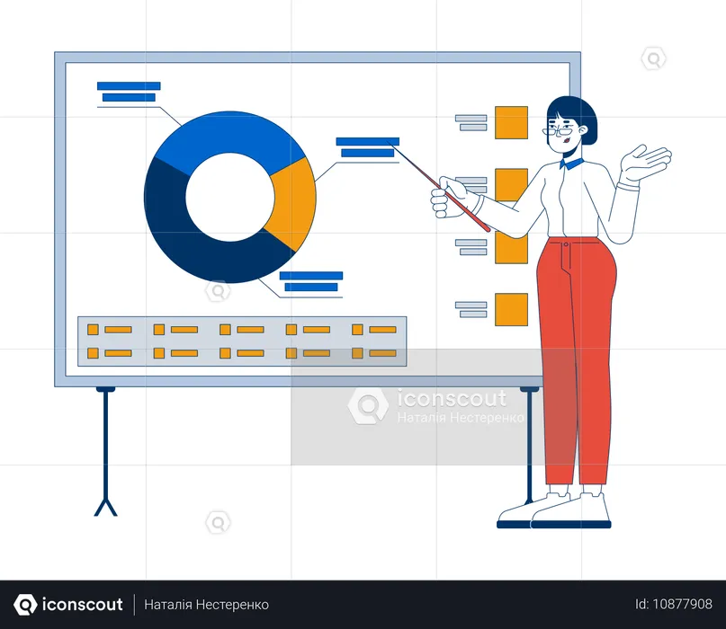 Female manager pointing on pie chart presentation board  Illustration