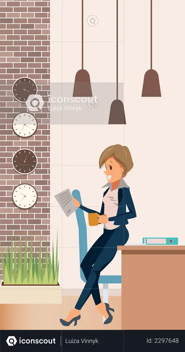 Female manager standing and holding coffee  Illustration