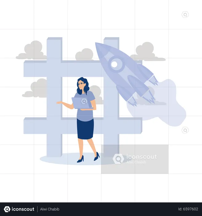 Female marketer using laptop on moving hashtag with rocket booster  Illustration