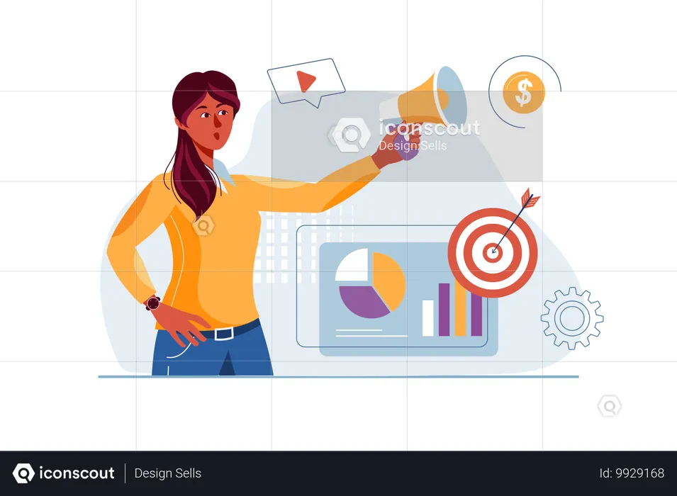 Female marketer works on target of goods and services  Illustration