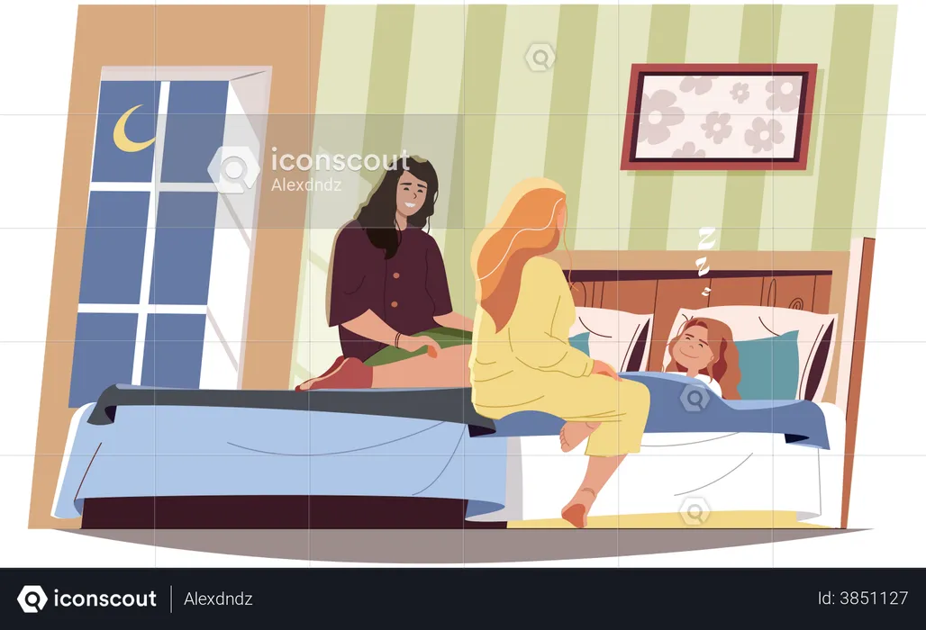 Female mothers put little daughter to bed  Illustration