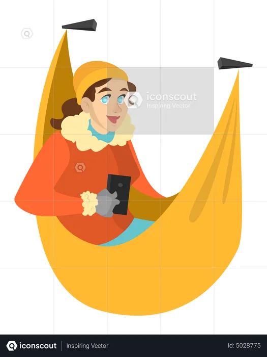 Female mountain climber resting in the hammock  Illustration