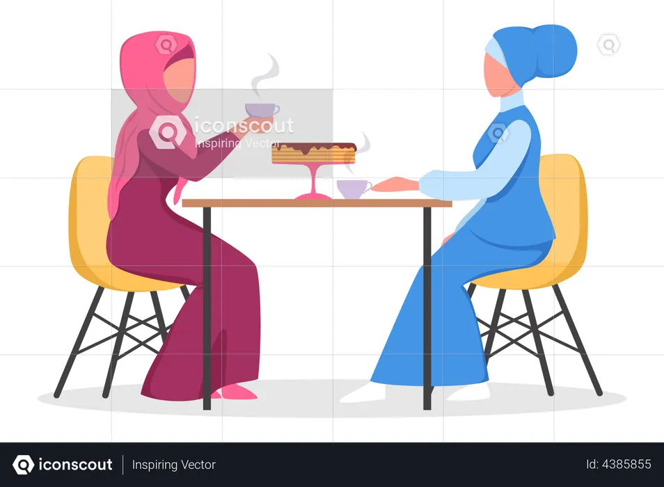 Female muslim friends enjoying cup of coffee at a cafe  Illustration