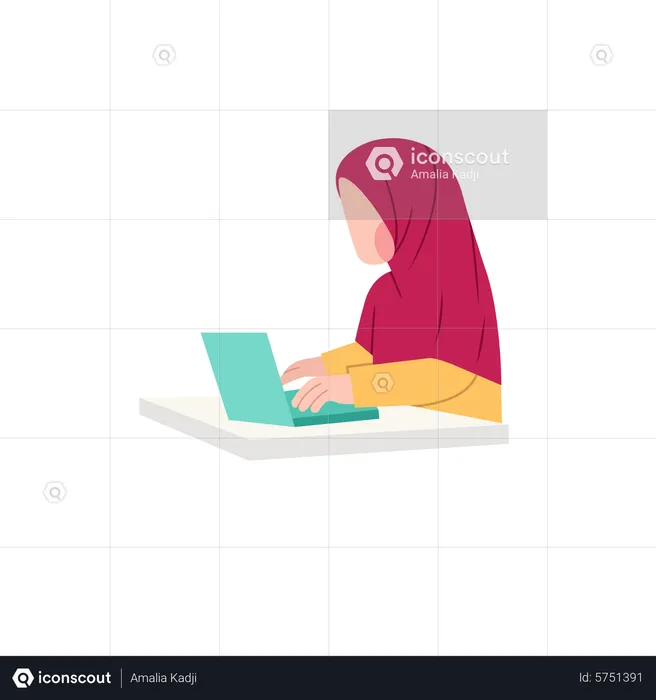 Female Muslim Student study online on laptop  Illustration
