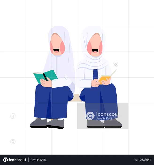 Female muslim students reading book  Illustration