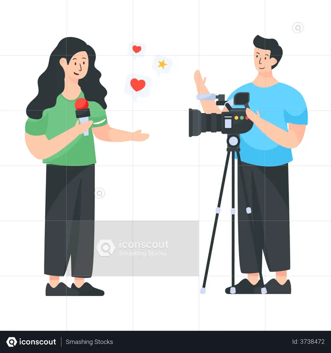Female news reporter with male cameraman  Illustration