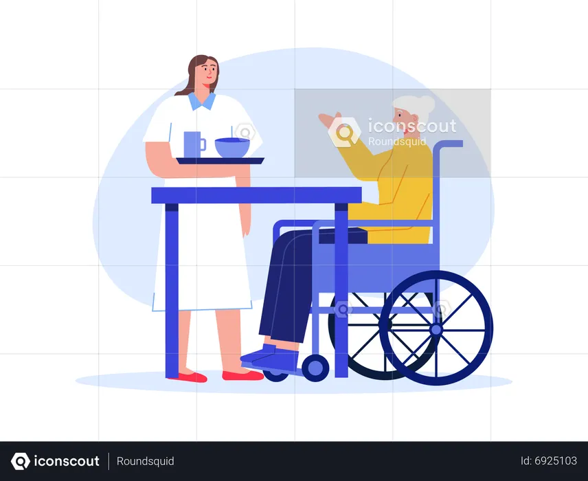 Female nurse giving food to handicapped woman  Illustration