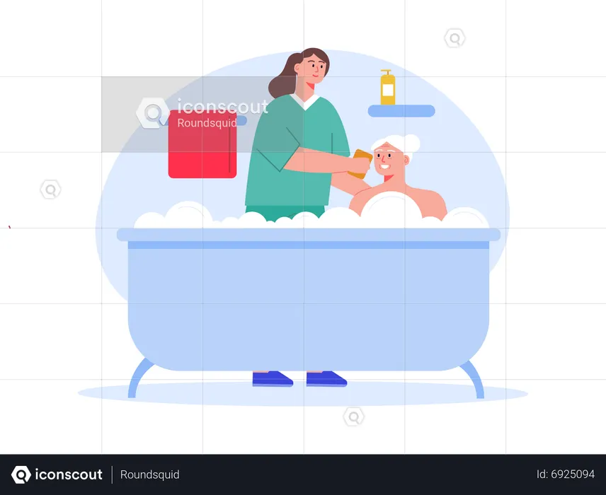 Female nurse helping aged woman with bathing  Illustration