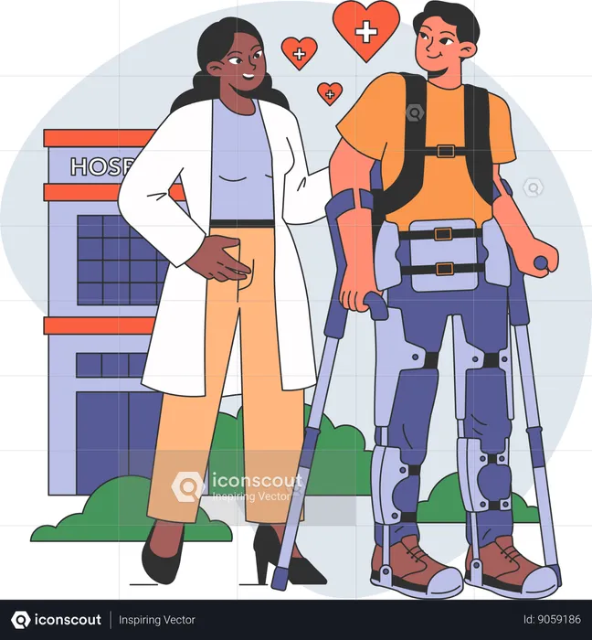 Female nurse helping disabled man  Illustration
