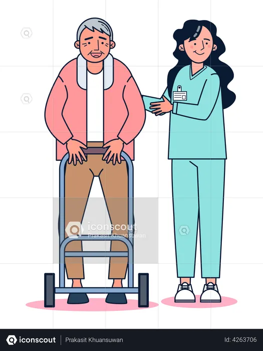 Female nurse helping old aged man in walking  Illustration