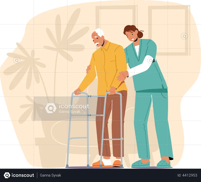 Female nurse helping old aged man in walking  Illustration