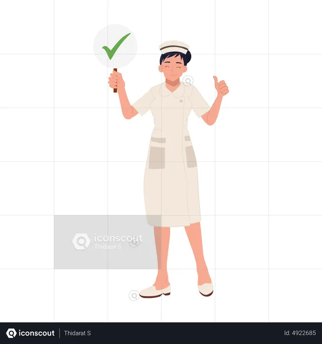 Female nurse holding Check mark sign with showing thumbs up  Illustration