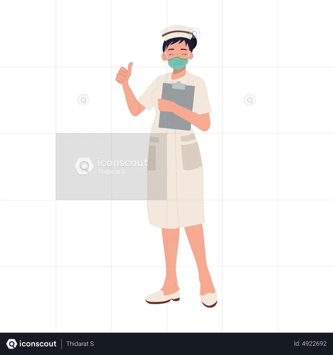 Female nurse wearing mask and showing thumb up  Illustration