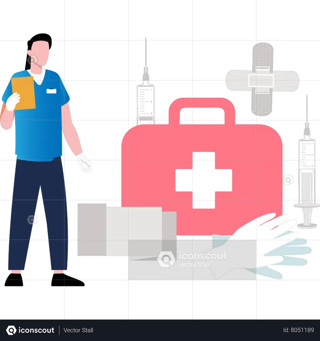 Female nurse with frist aid box  Illustration