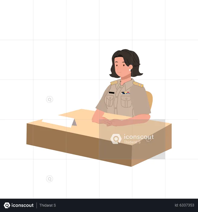 Female officer sitting at desk  Illustration