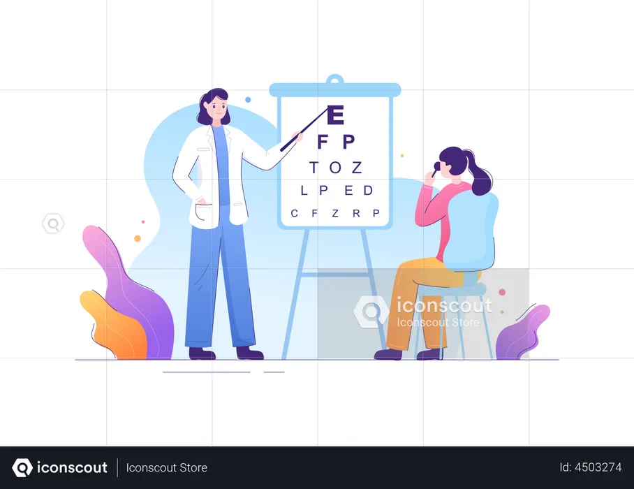 Female ophthalmologist checking patients eyesight  Illustration