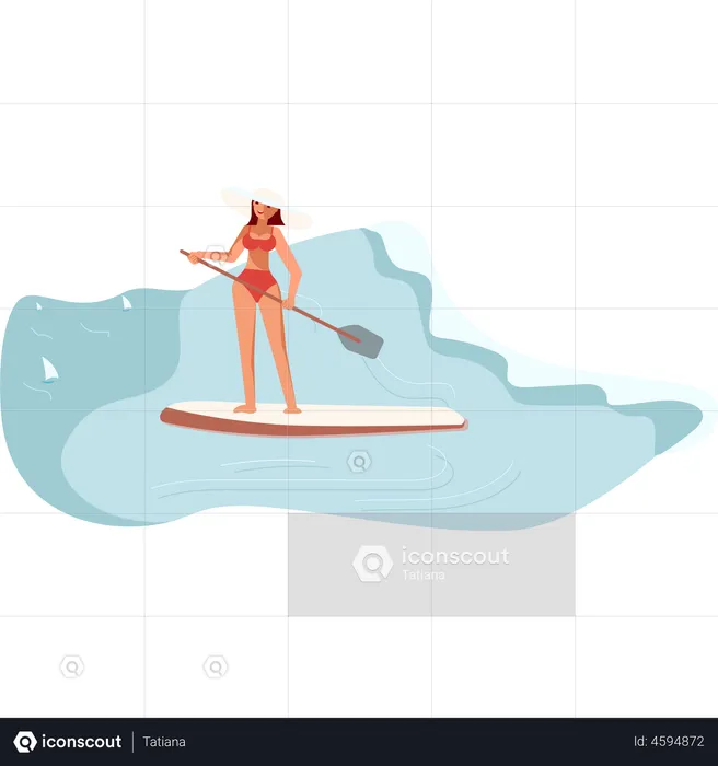 Female paddle surfer rides the Wave  Illustration