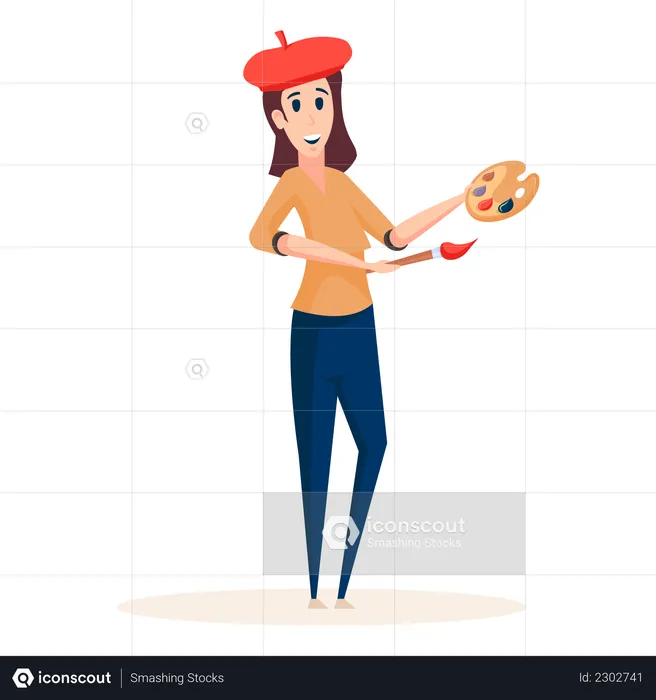 Female painter holding brush and color pad  Illustration