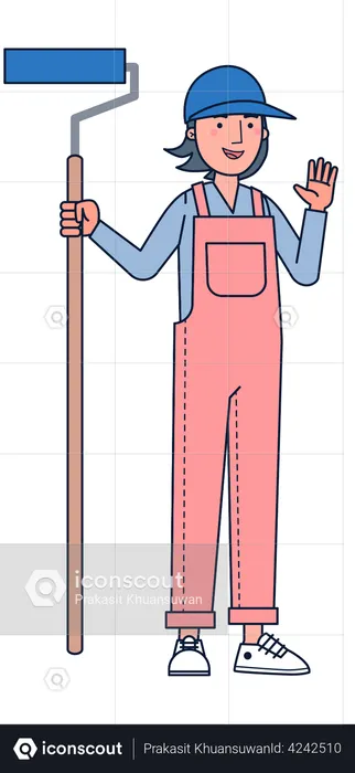 Female painter with paint roller  Illustration