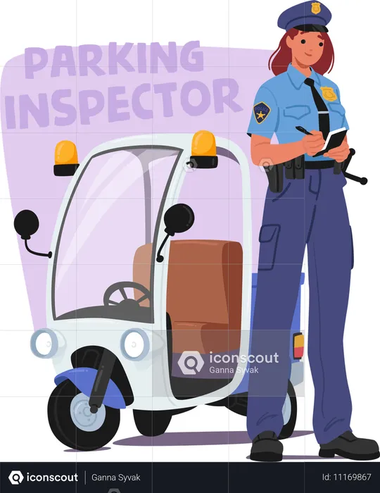 Female Parking Inspector Writing Ticket While Standing Next to Small Security Scooter  Illustration