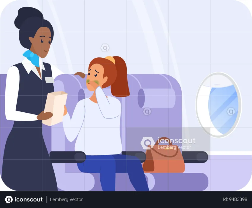 Female passengers feeling vomiting on flight  Illustration