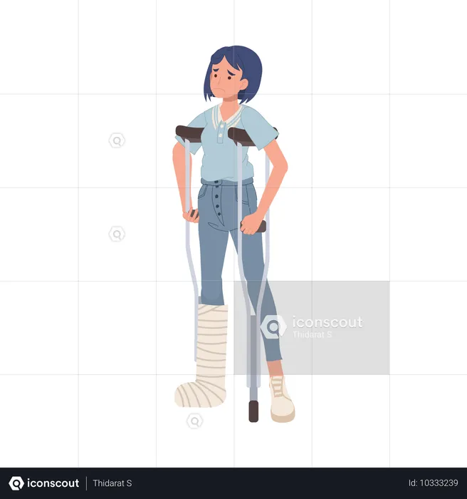 Female Patient With Leg Injury Using Crutches For Walking Support And Rehabilitation  Illustration