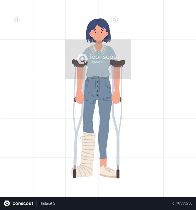 Female Patient With Leg Injury Using Crutches For Walking Support And Rehabilitation  Illustration