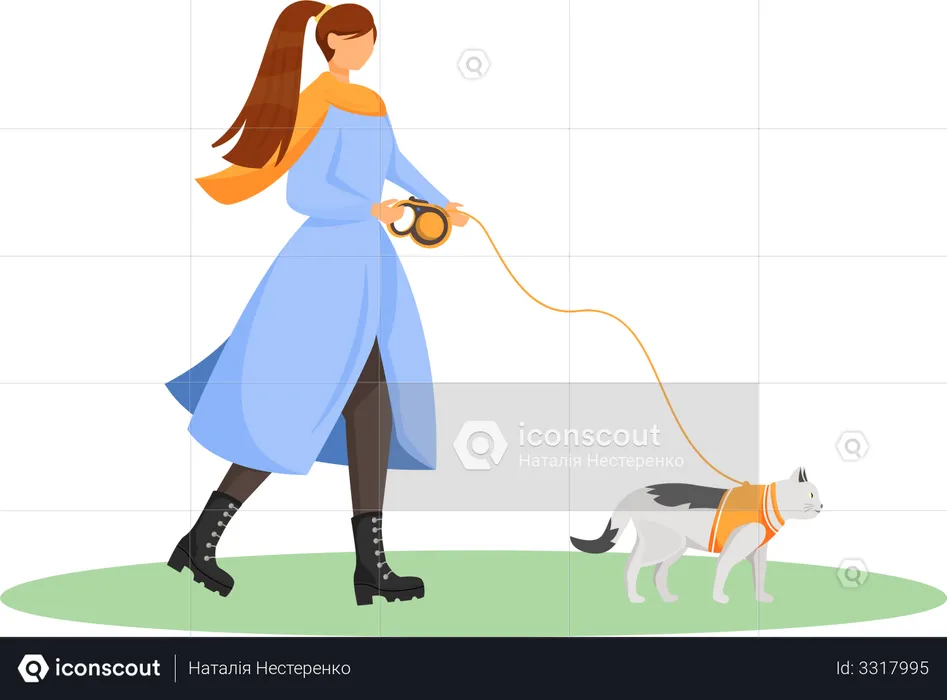 Female pet owner with kitten on leash  Illustration