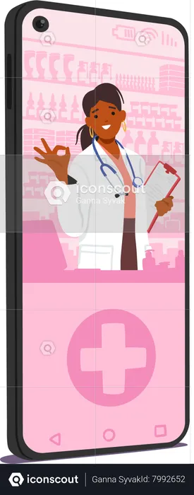 Female Pharmacist Displays ok Symbol On Phone Screen  Illustration
