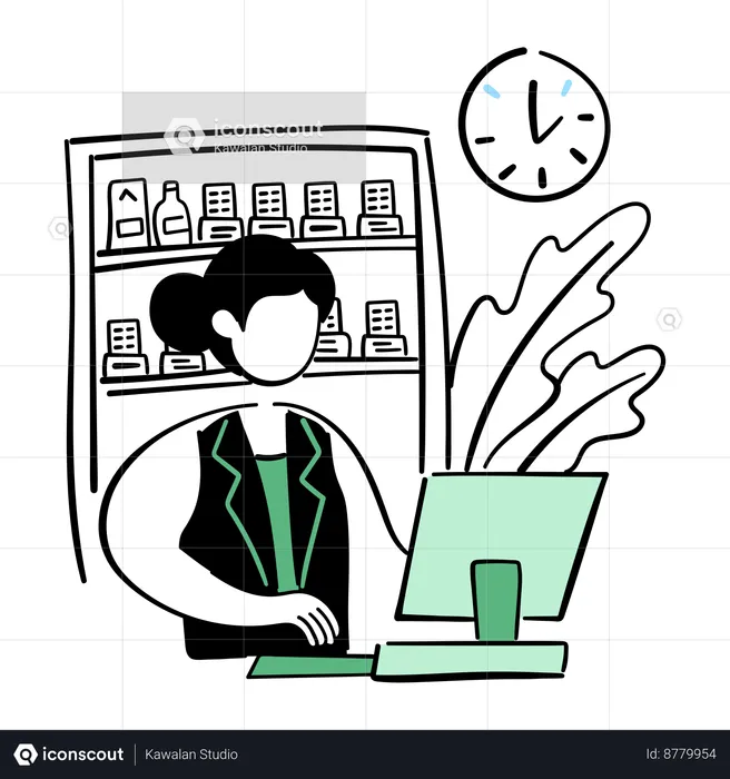 Female Pharmatic at pharmacy counter  Illustration