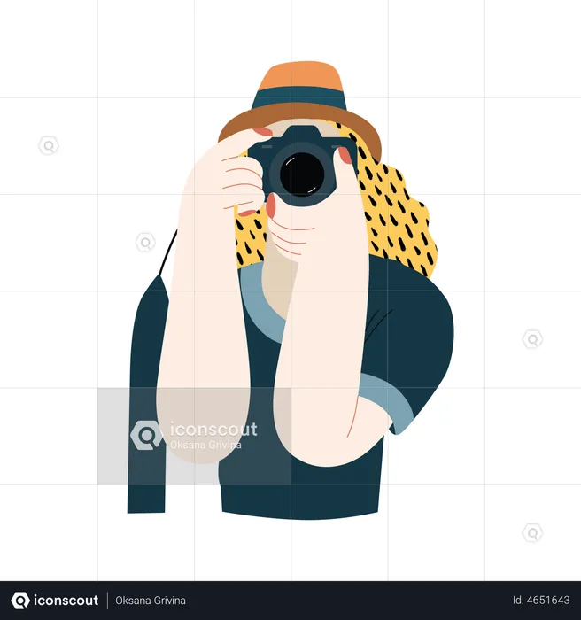 Female photographer clicking photo using camera  Illustration