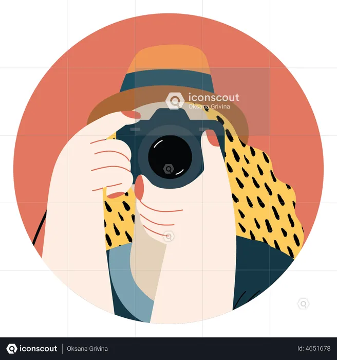 Female photographer clicking photo using camera  Illustration