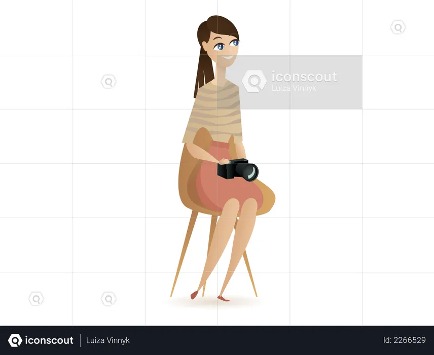 Female Photographer Holding Camera Sitting on Chair  Illustration