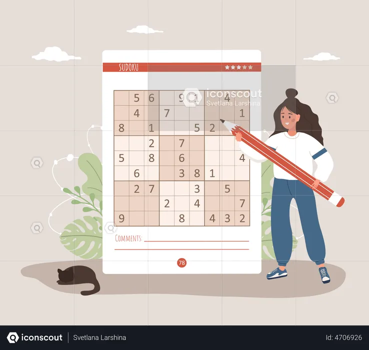 Female playing Sudoku game  Illustration
