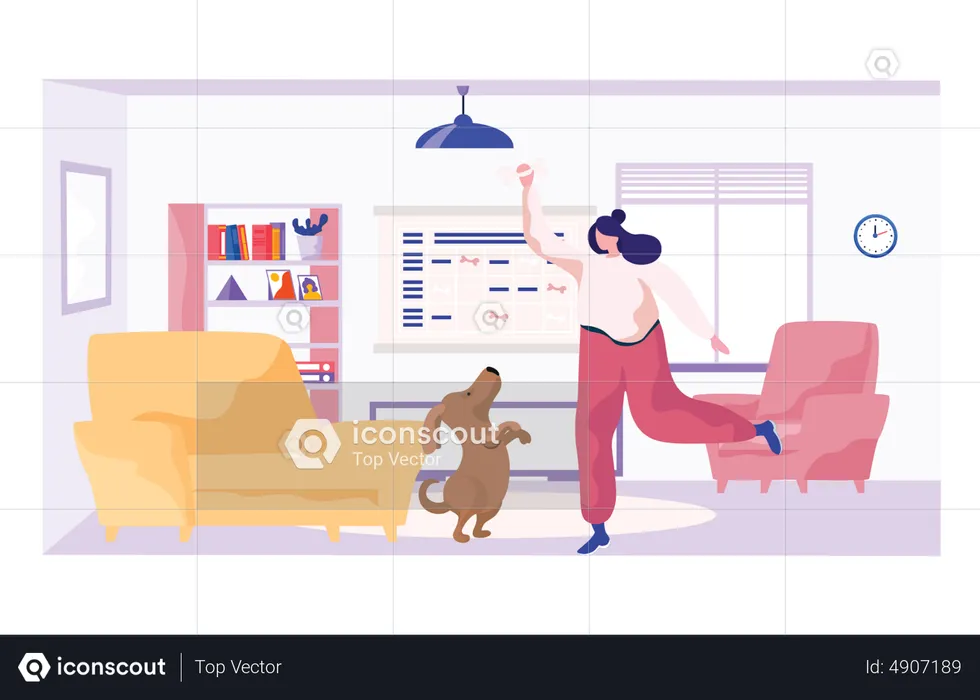 Female playing with dog at home  Illustration