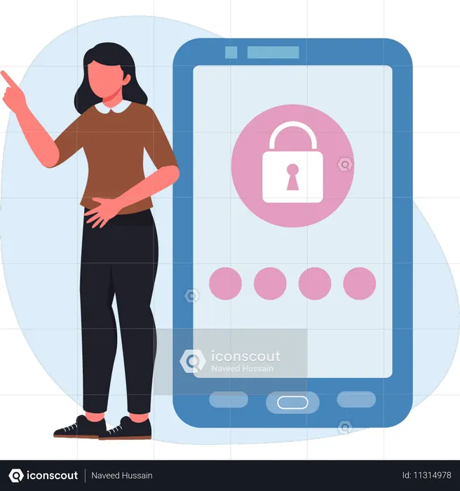 Female pointing mobile lock  Illustration