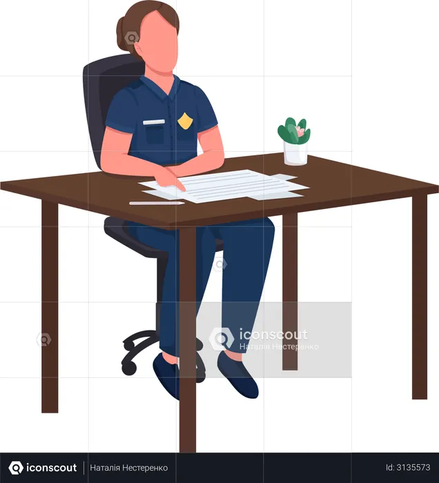 Female police officer at desk  Illustration