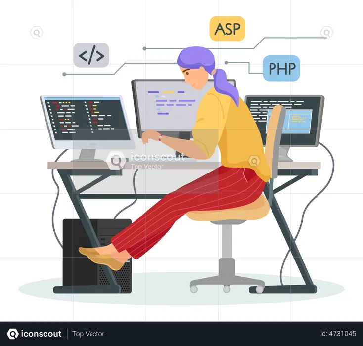 Female programmer working on computer  Illustration