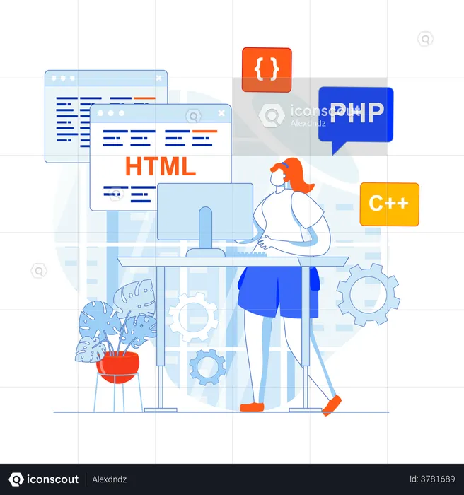 Female programming expert developing website  Illustration