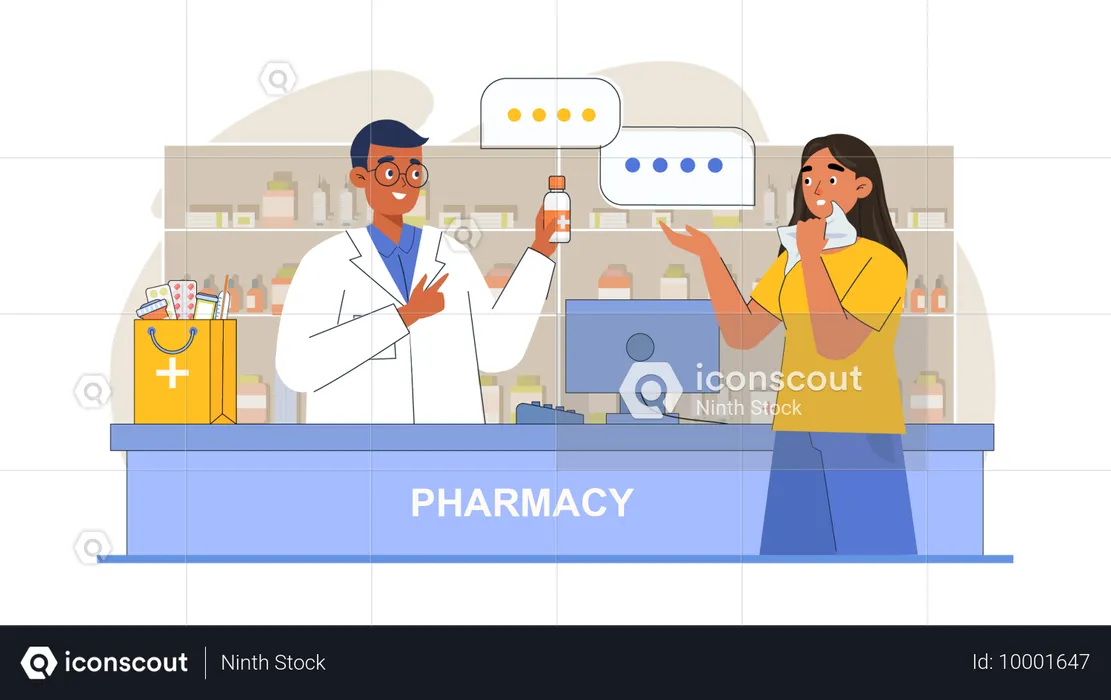 Female purchasing medicine at Pharmacy shop  Illustration