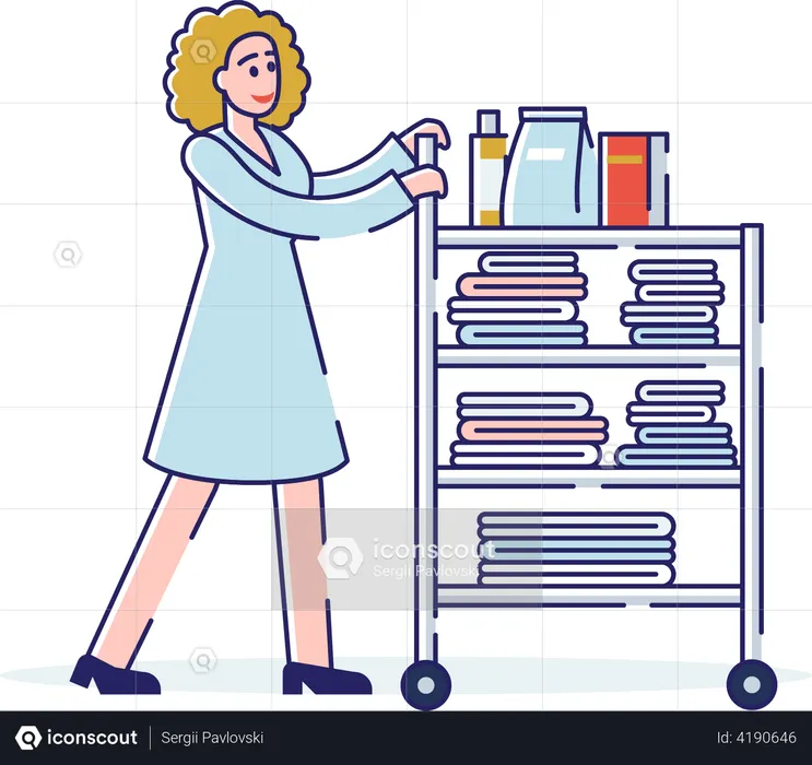 Female Pushing Cart With Clean Towels And Room Service  Illustration