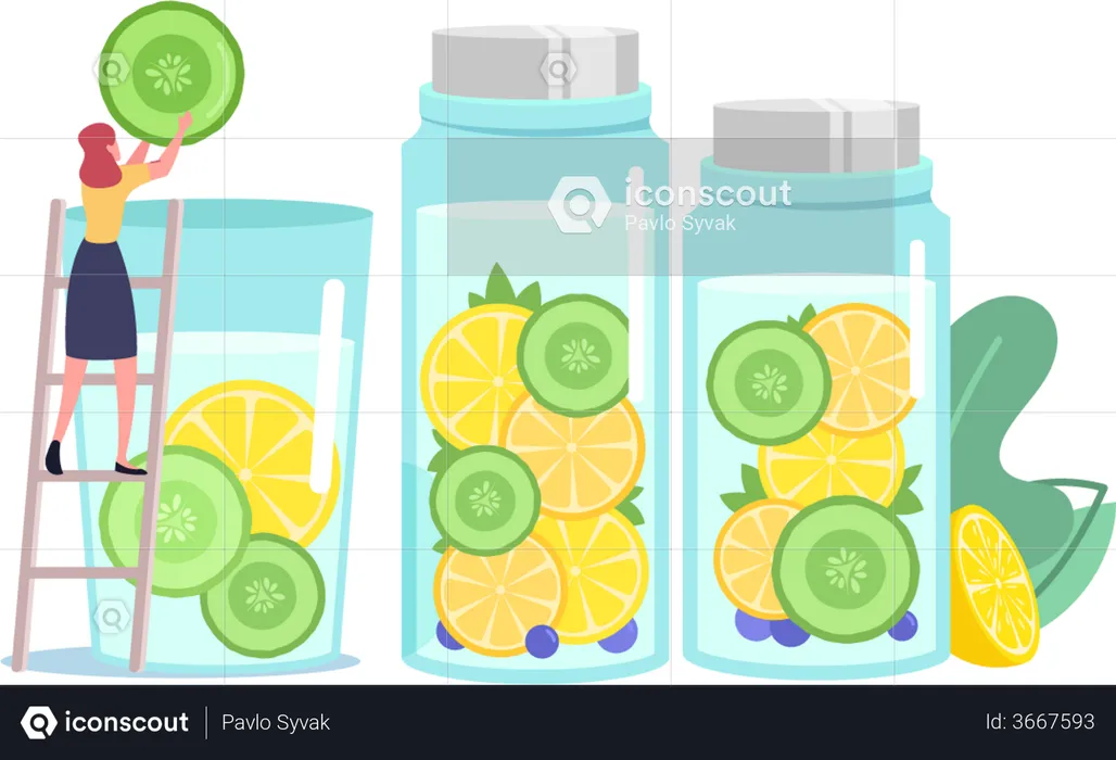 Female Put Cucumber And Lemon Slice in Water Glass  Illustration