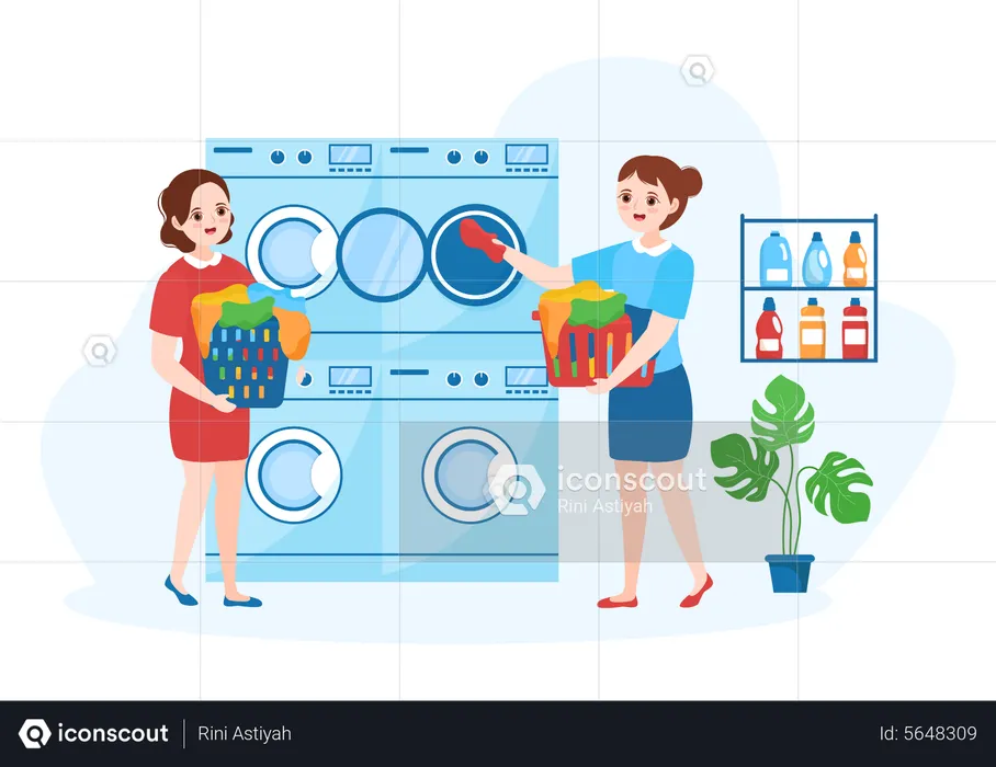 Female Putting Dirty Clothes Into Washing Machine  Illustration