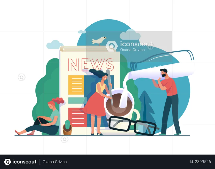 Female reading news in morning  Illustration