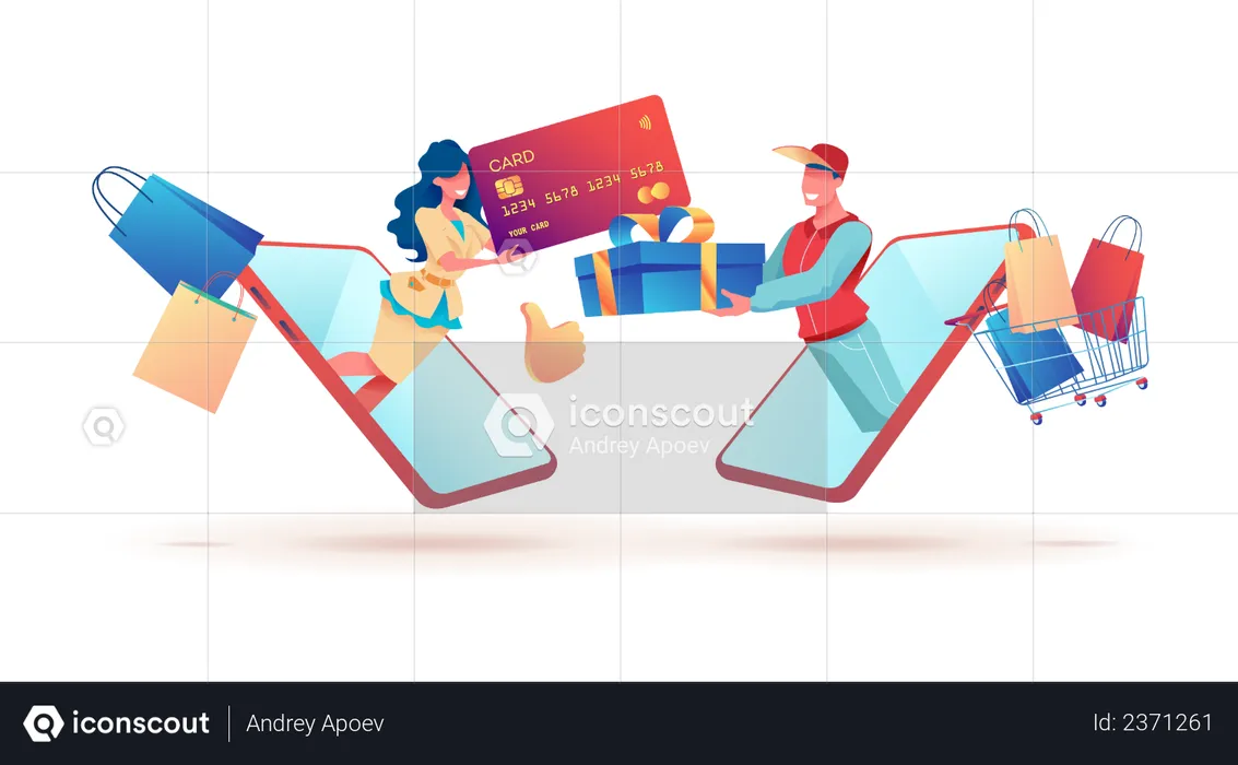 Female receiving delivery and making online payment  Illustration