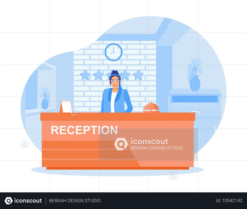 Female receptionist standing at work desk and Receive hotel guests in friendly manner  Illustration