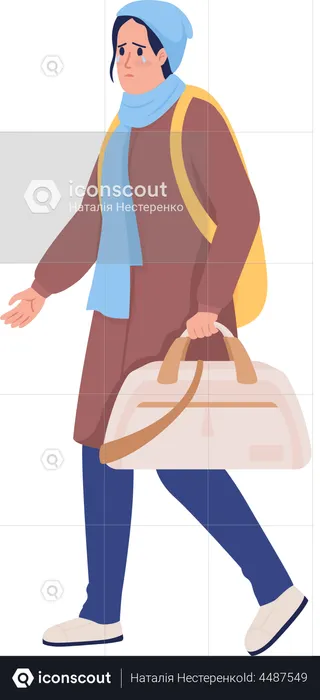 Female refugee with bag running away from war  Illustration