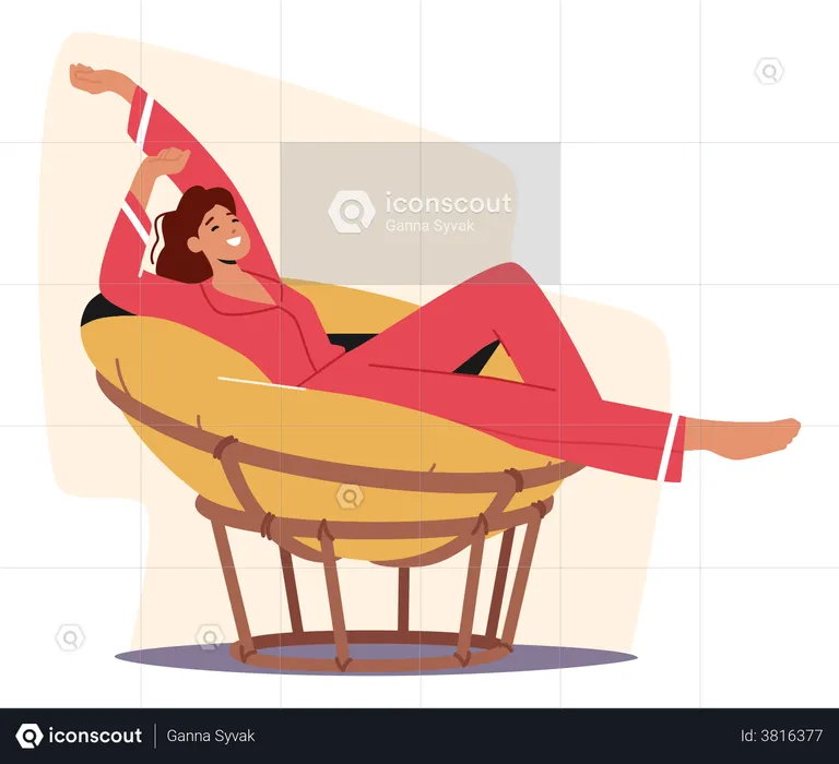 Female Relaxing On Soft Round Chair  Illustration