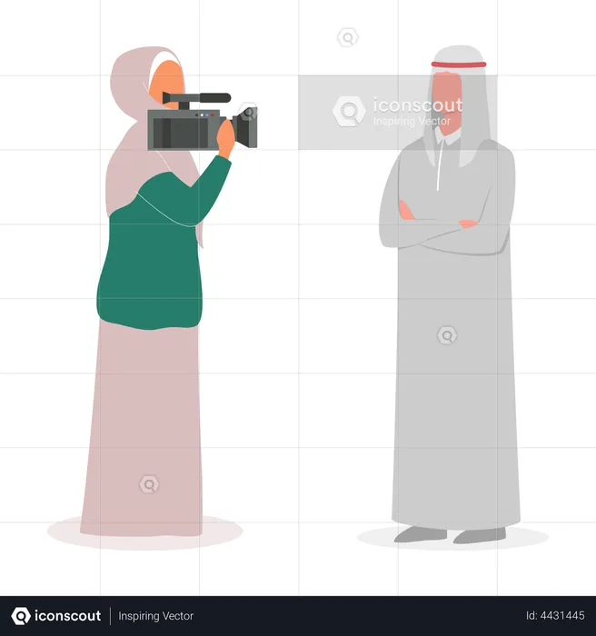 Female reporter interviewing arab male  Illustration